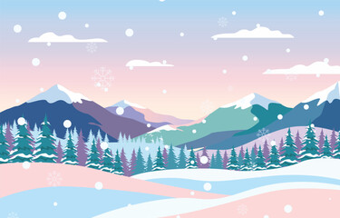 Pastel Winter Landscape Vector Illustration at Sunset