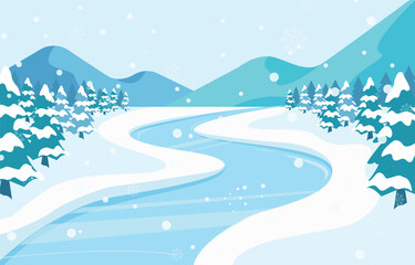 Winter Landscape with Frozen Winding River and Snow