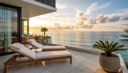 Fototapeta premium Luxury beachfront balcony with chaise lounges overlooking a serene ocean sunset and vibrant sky with fluffy clouds