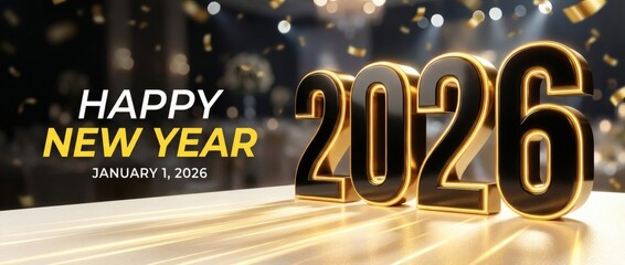 Happy new year 2026 celebration banner with elegant black and gold typography and falling confetti background