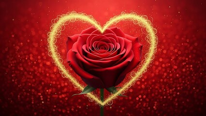 A single red rose framed by a golden heart sparkles against a vibrant red background