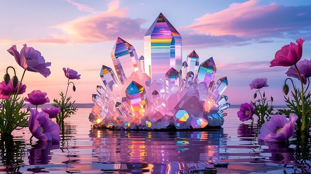 Enchanting fantasy landscape with a towering crystal castle illuminated by rainbow light amidst glowing purple flowers and butterflies over reflective water at sunset