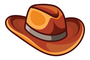 A cartoon cowboy hat with orange shading and a gray ribbon is presented