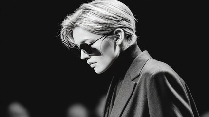 Obraz premium Stylish Individual in Sunglasses and Suit Exudes Confidence in Monochrome Close-Up