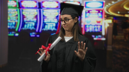 Fototapeta premium Woman holding diploma and red ribbon, palm raised in a building near slot machines and neon lights, wearing cap and gown with round glasses; wry skepticism.