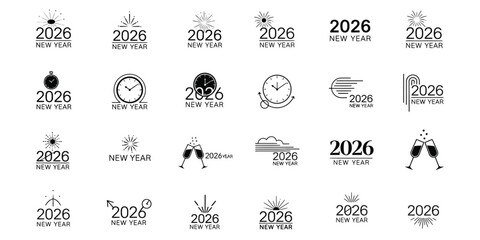 Collection of hand drawn new year icons with various designs and years from 2025 to 2030