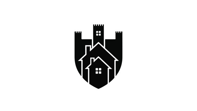 Real estate logo shield with house and castle, property protection and investment concept, modern black and white design for business and finance industry