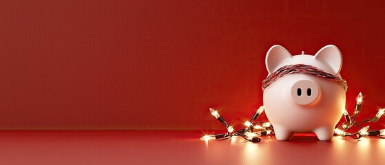 A charming piggy bank sits amidst colorful lights and greenery, symbolizing savings and holiday budgeting for the festive season