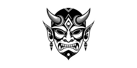 Blocky tribal oni mask, bold black silhouette, simplified facial shapes, thick outlines, 