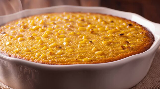 Golden cornbread baking in a white dish, showcasing texture and steam rising in warm ambiance
