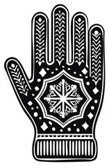 Black and white ornamental winter glove with snowflake and folk art pattern illustration