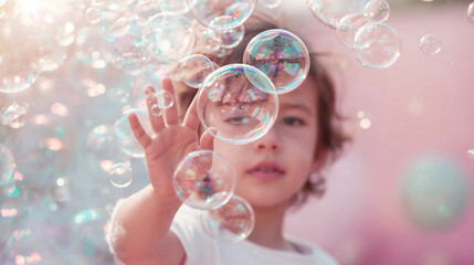 Young child reaching out to touch floating soap bubbles in soft sunlight girl hand