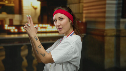 Woman in church with tattoos wearing medal and headband points finger guns playfully, blending athletic and spiritual themes in a unique indoor setting with candles.