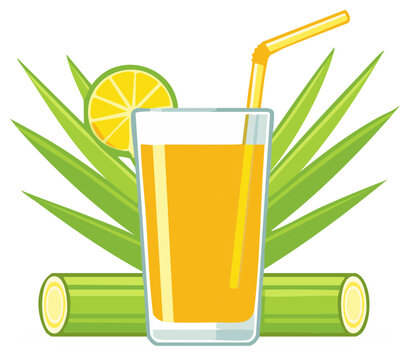 Refreshing sugarcane juice with lime slice and drinking straw surrounded by green stalks and leaves, vector illustration