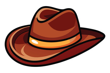 A brown cowboy hat with an orange band has bold black outlines on it