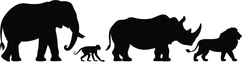 Wild animal silhouettes illustration, elephant monkey rhino lion, African wildlife, profile view, black shapes, nature theme, vector graphic