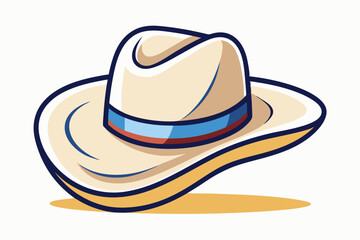 A stylish cartoon hat with a striking blue ribbon sits jauntily on surface