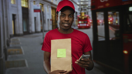 Man wearing red cap holding smartphone and carrying paper bag on city street; dedication communication reliability.
