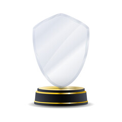 Realistic glass trophy award with shining crystal reflections, elegant laurel wreath engraving, and...