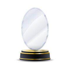 Realistic glass trophy award with shining crystal reflections, elegant laurel wreath engraving, and gold first-place emblem perfect for championship winners, contest achievements, and premium victory 