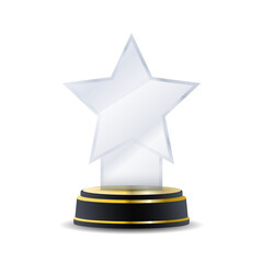 Winner glass trophy with transparent crystal body, engraved laurel wreath, and glossy first-place...