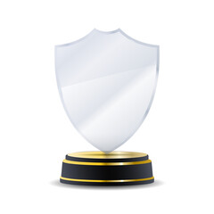 Crystal winner trophy with gold first-place badge, transparent polished surface, and laurel wreath...
