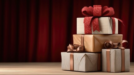 Stacked gift boxes in various colors feature a large ribbon, positioned in front of a rich red curtain, suggesting a festive occasion