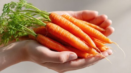 Fresh, vibrant orange carrots with green tops held in two hands. The scene emphasizes healthy eating and organic produce.