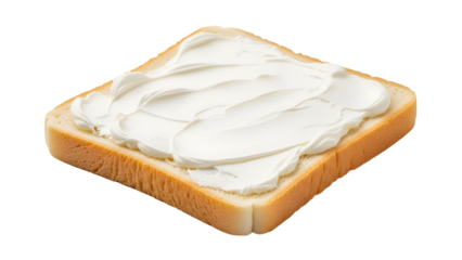 White bread slice with cream cheese spread isolated on a white background
