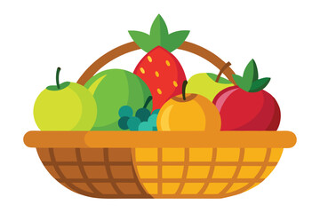 Assorted ripe fruits are beautifully arranged inside of a woven basket in this depiction