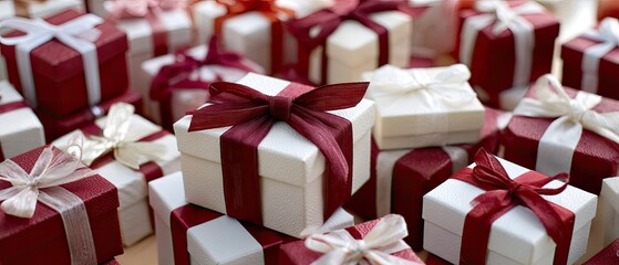 Colorful wrapped presents with red ribbons showcase a joyful scene for a celebration or holiday gathering