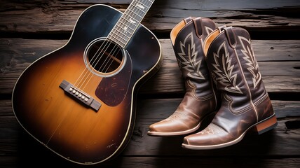 Acoustic guitar and worn leather cowboy boots resting against a rustic wooden background evoking country music and western lifestyle themes
