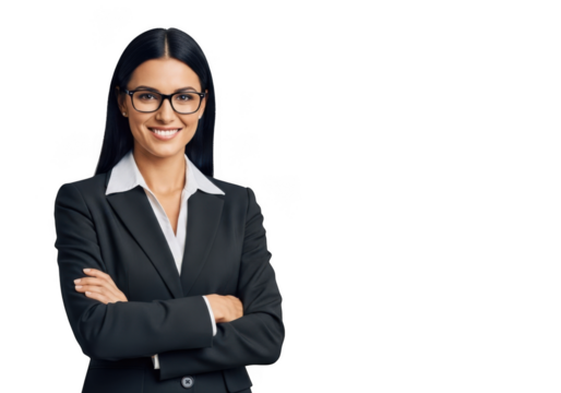 Professional businesswoman wearing glasses and a dark suit with arms crossed smiling confidently isolated on transparent background - Powered by Adobe