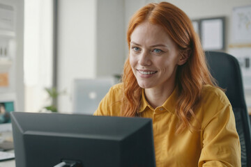 Happy designer woman with red hair is sitting at a desk with a computer in front of her in office. She is smiling and she is enjoying her work