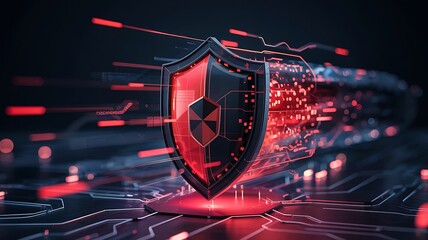 Digital shield protecting against cyber threats and data breaches with glowing red energy and circuit board background