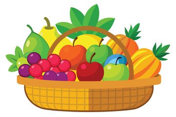 A wicker basket is overflowing with a colorful assortment of different types of fresh fruit
