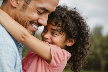 Fototapeta premium Clouse up of happy little Latina girl hugging her Latina daddy
