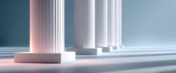 Naklejka premium Row of classical white columns with fluted shafts casting long shadows in soft light against a muted blue background