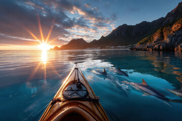 Fototapeta premium Kayaking at sunrise with dolphins in clear waters near mountain landscape