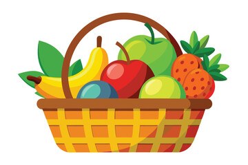 A woven basket is overflowing with fresh and colorful variety of fruits