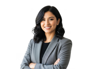 Professional woman in business attire smiling confidently with arms crossed isolated on transparent background