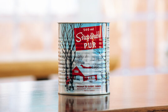 Saint-Mathieu-du-Parc, Canada &ndash; August 16, 2025: Maple syrup can displayed inside a traditional Quebec sugar shack
