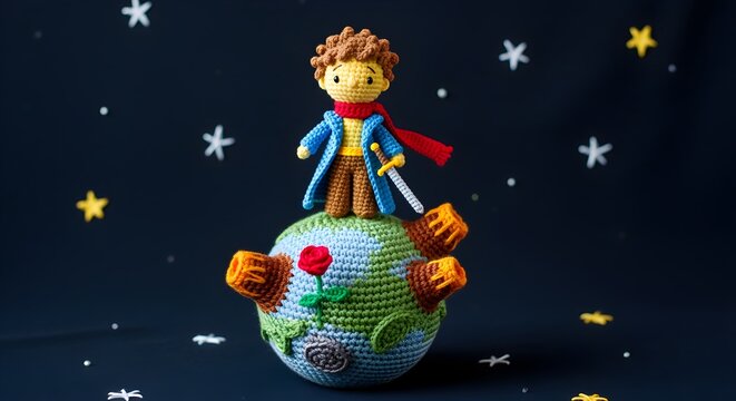Little Prince toy standing on crochet Earth with rockets and stars in background 863303 - Powered by Adobe