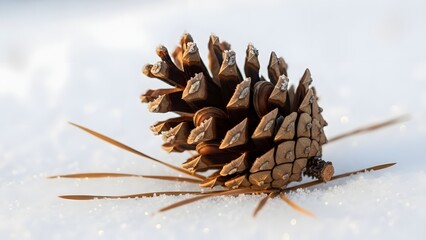 Pine cone resting on snowy ground surrounded by pine needles