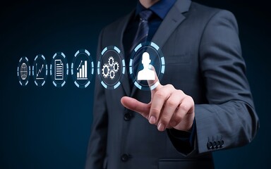Businessman's hand touching a virtual button on a screen for online business management and technological success