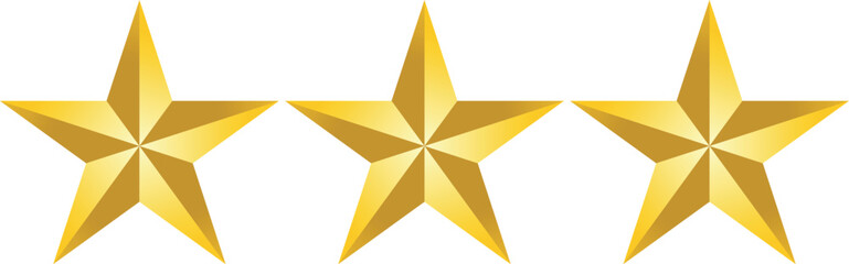 Three Golden Stars Icon – Shiny Gold Rating Symbols Isolated on White Background