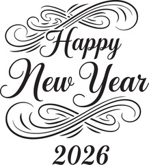 Elegant happy new year 2026 text design silhouette isolated on white background