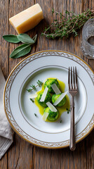 Top view of green spinach gnocchi with parmesan cheese and herbs on a rustic wooden table. Vertical flat lay of gourmet Italian dumplings served with butter and sage