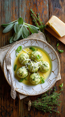 Spinach and ricotta dumplings with sage butter sauce and parmesan cheese. Vertical top view of Italian Gnudi or Malfatti pasta on rustic wooden table