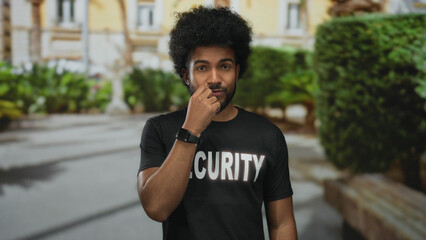 Man in security uniform stands outdoors in a city street, surrounded by greenery, making a quiet...